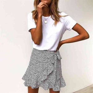 Multi Dot Print Korta MINI Kjolar Kvinnor Sommar Ruffle High Waist Bow Slips Kjol damer Streetwear Slim Bottoms Saias 210522