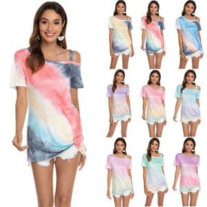 T-shirt Donna Summer Tops Skew Collar Off Shoulder T-shirt Tie Dye Stampato Top Tee Donna Manica corta Casual Abbigliamento donna