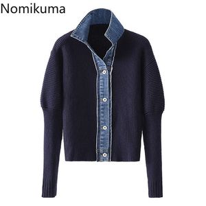 Nomikuma Cardigan Tröja Kvinnor Höst Vinter Knitwear Koreanska Demin Patchwork Stickad kappa Avstängning Krage Jacka 6d340 210918