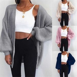 Loose Knitted Cardigan Sweater For Women Open Stitch Long Sleeve Autumn Spring Coat Solid Casual Oversize 211026