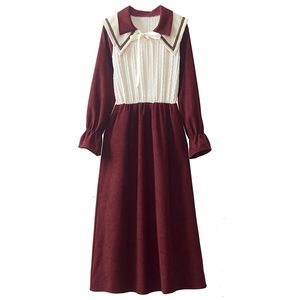 春の冬の女性の甘い弓の緩い羽根された長袖ミニマリストのプリーツドレスulticolour Robe 210427