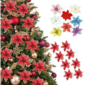 Weihnachtsdekorationen, glitzernde künstliche Blumen, Weihnachtsbaumschmuck, einfarbig, goldfarben, rosa Rand, Weihnachtsblume, 13 cm, w-01264