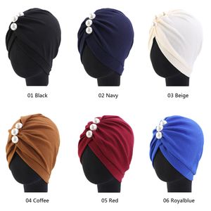 Muslim Women Elastic Beads Hat Indian Turban Solid Color Hijab Chemo Cap Headscarf Beanie Bonnet Islam Headwear Hair Loss Cover