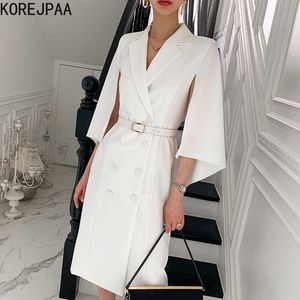 Korejpaa Women Dress Summer Korean Chic Elegant Temperament Lapel Double-Breasted Suit-Style Slit Flying Sleeves Vestidos 210526