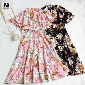 LY Varey Lin Summer Women Casual Flare Rękaw Loose Flora Sukienka Nadmorski Wakacyjny Styl O-Neck Medium Długie Z Pasem Kobiet 210526