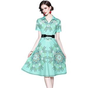 Womens Printed Dress Short Sleeve Lapel OL Summer Midi Dresses High-end Elegant Lady Dresses Boutique Dresses