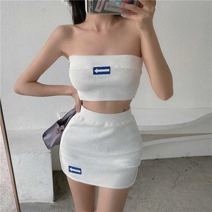 Korea Ulzzang Sexy Short Tube Top Women's Two-Pite Suit Plus Size Slim Harajuku Stickad Punk Hip Hop Mini Kjol Ins Kvinnor 210608