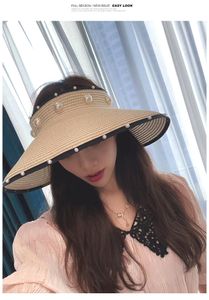 Katlanabilir Boş Üst Hasır Şapkalar Kadınlar Için Yaz Beyaz İmitasyon İnci Plaj Visor Caps UV Protttion Ayarlanabilir Şerit Sun Şapka