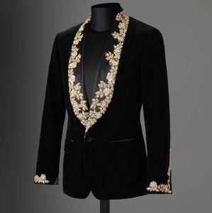 ANNIEBRITNEY Brand Men Suit Custom Black Velvet Applique Slim Fit Tuxedo 2Pcs Groom Wedding Suits Blazer Jacket with Pants Set X0909