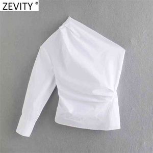 Women Fashion One Shoulder Asymmetrical Pleated Shirt Female Skew Collar Slim White Poplin Blouse Roupas Chemise Tops LS9202 210416