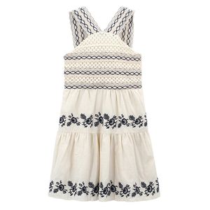 Women Beige Vintage Embroidery Spaghetti Strap Dress Sleeveless V-neck Halter A-line Mini Vocation Summer D2479 210514
