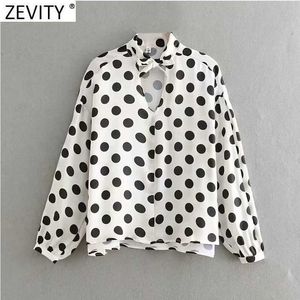 Zevity Women Sweet Bow Mite Decoration Polka Dots Print Casual Smock Bluzka Kobieta Chic Długi Rękaw Marka Blusas Topy LS9073 210603