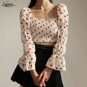 Slash neck puffhylsa skjortor print strawberry blus kvinnor vintage kläder vit svart gul fest av axel toppar 14369 210521