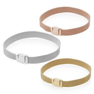 S925 Silber Mesh Armband Fit Europäische Perlen Pandora Reflexion Verschluss Charm Clip17-19-21cm Frühlingsblume Roségold mit Buchstaben für Frauen Schmuck Weihnachtsgeschenk