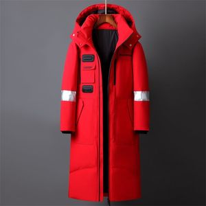 Winter Men Long White Duck Down Jackets Hooded Fashion Thicken Warm Overcoats Loose Down Coats Man Parkas Black Red White 211206