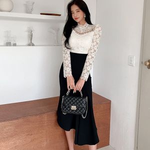 Vår Höst Kvinnor Korea Två Piece Set Puff Sleeve Notched Collar Double Breasted Toppar + Hög midja Split Sheath Skirts Suit 210514