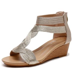 Sandals Summer Women Wedges Shoes Soft Leather T Strap Zipper Open Cover Heel Design Ladies Female Large Plus Size
