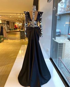 Dubai Black High Neck Crystal Evening Dresses Sparkly Sequins Long Sleeve African Satin Mermaid Formal Prom Party Gowns