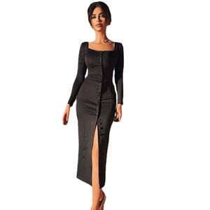 party Vestido wannathis feminino com gola quadrada, manga longa e botões, moda midi, vestido preto, elegante, casual, dividido, 2021