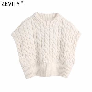 Zevity女性のファッションoネックツイストかぎ針編み短編小編みセーター女性ノースリーブベストシックカジュアルプルオーバートップスS678 210603