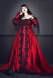 Retrô Gótico preto e vermelho vestidos vintage vestidos de noiva com envoltório longo 2021 laço apliques pérolas uma linha Victorian Noiva vestido de mangas cheias