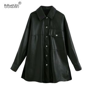 BBWM女性のファッションポケット特大のFauxレザーシャツジャケットビンテージ長袖サイドベントコート女性シックなアウター210520
