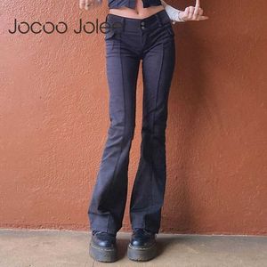 Jocoo Jolee Women Casual Low Waist Flare Pants Vintage Aesthetics Pockets Solid Y2K Pants Harajuku Trousers Gothic Streetwear 210619