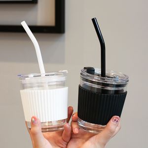 Glass Cup Transparent Mugs Milk Cups With Lid, Portable Cup High Temperature And Drop Resistance