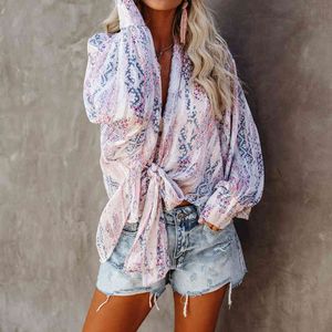 Pink Bohemian Stampato Bikini Cover-ups Sexy Deep V-Neck Summer Top Tunic Women Beach Wear Swim Suit Cover Up Sarongs A398 210420