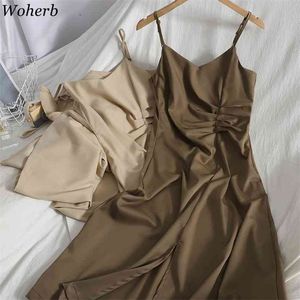 Vestido de mujer sommar koreanska grundläggande mode pläterade temperament klänning kvinnor smal tunna robe suspender eleganta klänningar 210519
