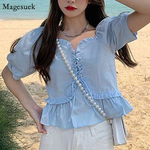 Koreański Chic Ruffles Lace Up Summer Woman Bluzki Puff Krótki Rękaw Biała Koszula Kobiety Kwadratowy Kołnierz Luźna Top Kobieta Blusas 14523 210518