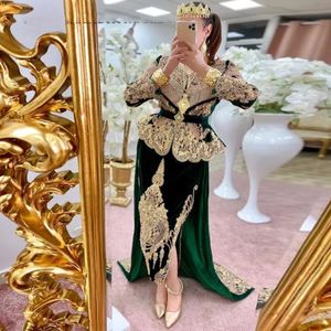 Green Veet Moroccan Kaftan Evening Dresses Long Sleeves Gold Lace Plus Size Formal Prom Ocn Gown Custom Made