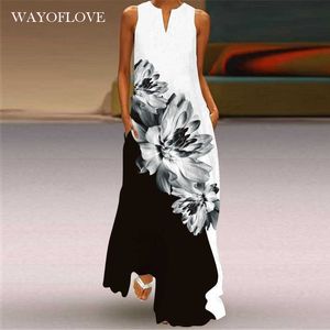 WAYOFLOVE Black White Dress Vintage Summer Beach Casual Plus Size Long Dresses Summer Woman Sleeveless Girl Maxi Dress Women 210602