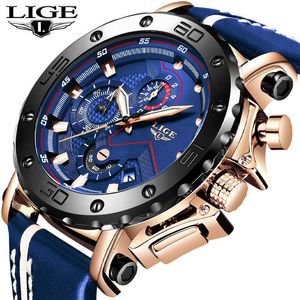 LIGE Mens Watches Top Brand Luxury Big Dial Military Quartz Watch Casual Leather Waterproof Sport Chronograph Watch Men 210527