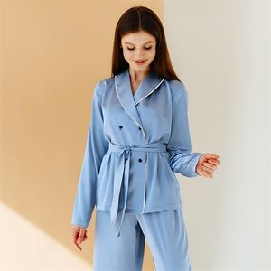 Hean Blue Black Patchwork Piżama z Sashes Z Długim Rękawem Luźne Spodnie 2 Piece Set Home Nosić Kobieta Suit Sets Casual 210831