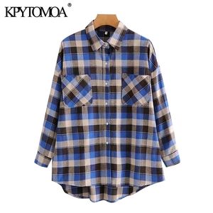 Moda damska z kieszeniami Oversized Check Bluzki z długim rękawem Button-up Koszulki Blusas Chic Topy 210420