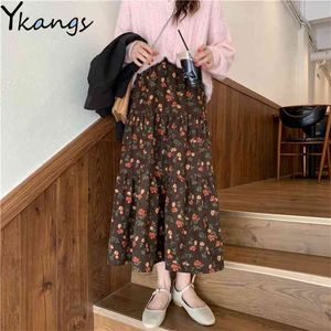 Corduroy floral elástico alta cintura plissada saia vintage outono outono casual fino doce longo coreano selvagem quente 210421