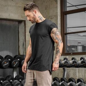 Marka Giyim Spor T Gömlek Erkekler Moda Uzatın Uzun Tişört Yaz Spor Salonları Kısa Kollu T-shirt Pamuk Vücut Geliştirme Slim Fit Tops 210421