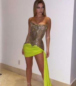 Women dress Yousef aljasmi Evening dress Sweetheart Gold Feather Green Chiffon Sheath Short dress Labourjoisie Kim kardashian kylie jenner Mini