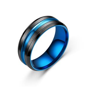 Titan Steel Ring Wedding Rings Band 8mm Rose Blue Line Ring Svart och Silver Borstat Komfort Fit Size 6-13