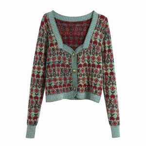 Maglione corto lavorato a maglia jacquard con colletto quadrato da donna Pullover manica lunga femminile Casual Lady Top allentati SW1050 210430