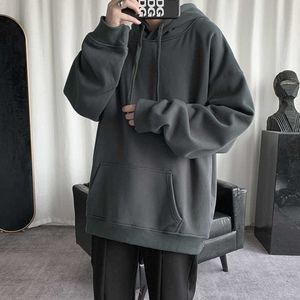 Hybskr Koreli erkek düz renk hoodies rahat kapüşonlu kazaklar hoodie sıcak polar erkek gevşek tişörtü adam giyim 210927