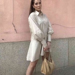 100% Cotton Solid Spring-Summer Shirt-Style Dress Long Sleeve Single-Breasted A-Line Elegant Casual Mini Dresses For Female 210521