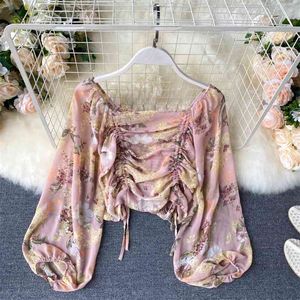 Damen Bluse Kordelzug Plissee Laterne Ärmel Retro Quadratischer Kragen Blumen Chiffon Hemd Sommer Damen Top Kurz 210514