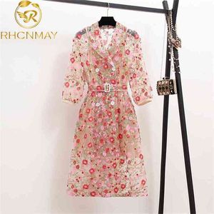 arrive Runway summer Flower Embroidery Overlay Trench Coat Women Notched Lantern Sleeve Belt Mesh Long Outerwear 210506