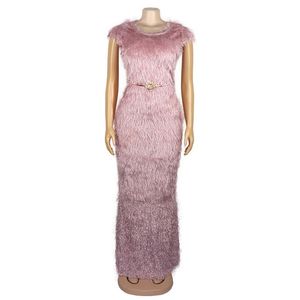 Afrikanische Luxus Langes Kleid Rosa Plüsch Hohe Taille Bodycon Bodenlangen Solide Elegante Hochzeit Abend Party Abendessen Kleider 210510