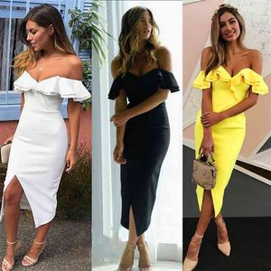 Summer Dress Sexy V Neck Off Shoulder Double-layer Ruffled Bag Hip Front Split Bodycon Female Solid Maxi es 210517