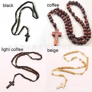 Cruces De Madera al por mayor-Estilo retro hombres Mujeres Católico Cristo Rosario de madera Bead Cross Colgante Colgante de cuerda tejida Q2