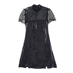 Donne Black Black Solid Net Mandarin Collo Sleeve Sleeve Breve A Line Mini Dress Summer Beach Femmina Stile cinese D1964 210514