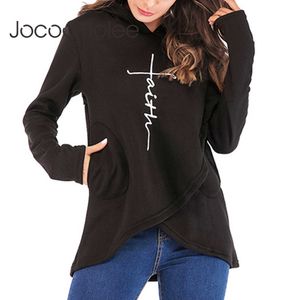 Jocoo Joleeカジュアルロングスリーブ女性のための秋のポケットレタープリント不規則なスウェットシャツ特大のパーカートップ210619